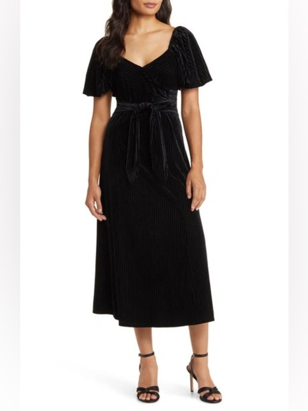 NEW Zoe and Claire Puff Sleeve Stretch Velvet Midi Dress Size Small Black NWT 17